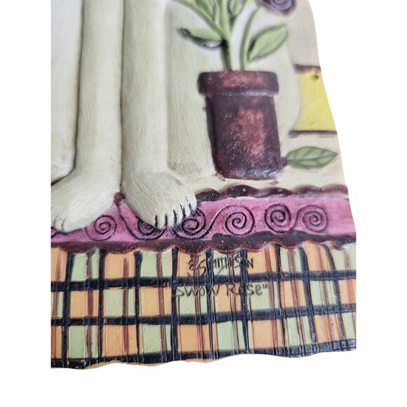 Vintage 1990s E. Smithson Plaque Tile Folk Art 3D Cat Snow Rose Wall Decor - Picture 3 of 9
